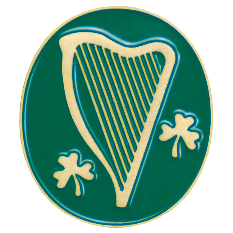 Silver Plated Harp Designed Lapel Pin With Black Ireland Text